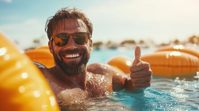 A cheerful man in sunglasses gives a thumbs-up while relaxing in a pool, embodying the carefree spirit of summer and the joy of spending time with family and friends.