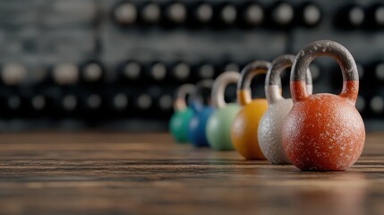 A colorful lineup of kettlebells arranged in order, emphasizing fitness, strength training, and dedication in a well-equipped gym setting for aspiring athletes and fitness enthusiasts.