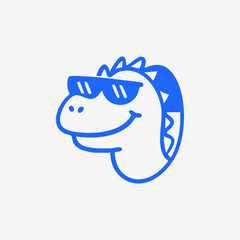A stylized, cartoonish dinosaur head, outlined in blue, wearing sunglasses