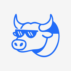 A stylized, simple, blue outline drawing of a bull's head wearing sunglasses