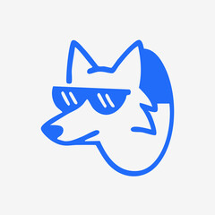 A stylized, simple blue outline drawing of a fox head wearing sunglasses