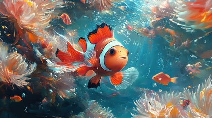 Vibrant clownfish dancing in anemone - high fidelity underwater scene
