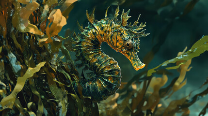 Captivating leafy seahorse in kelp forest stunning gigapixel underwater scene