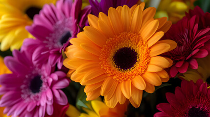 A joyful and vibrant bouquet of multi-colored gerbera daisies.