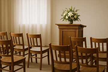 Wooden chairs are neatly arranged in the church-like interior. There is a bouquet of white flowers on the podium with soft lighting. On site wedding registration.