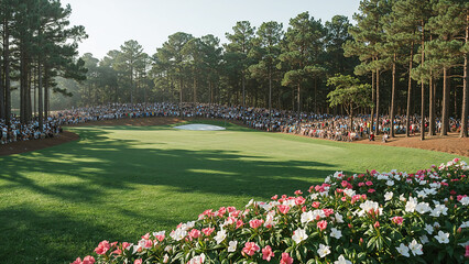 Golf course green with crowds and colorful flowers