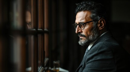 A pensive man with a beard and glasses gazes out of a window, reflecting deep thoughts while looking into the world beyond, representing introspection and contemplation.