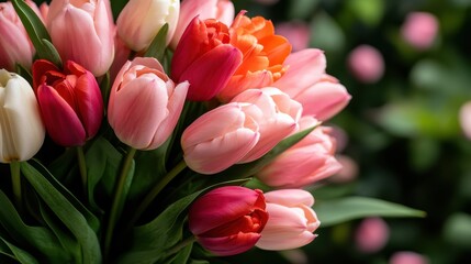 Fototapeta premium A beautiful bouquet of vibrant tulips showcasing a variety of colors in full bloom, capturing the essence of spring and joy, symbolizing renewal and natural beauty.
