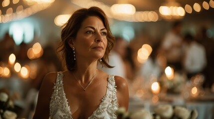 A stunning bridal portrait exuding elegance, captured in a vibrant celebration atmosphere filled with warm lights and soft roses, ideal for evoking matrimonial bliss.