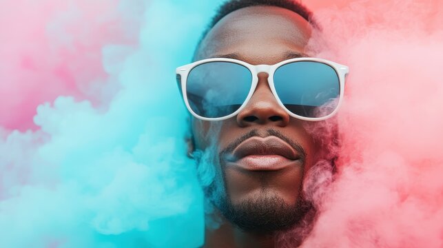 A striking portrait of a stylish individual in sunglasses enveloped by vibrant pink and blue smoke, showcasing a blend of modern fashion and artistic expression. - Powered by Adobe