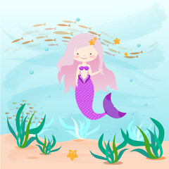 cute mermaid with a purple tail and a background of sea and fish