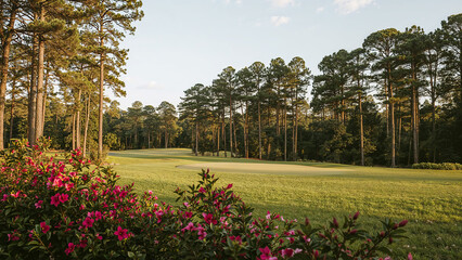 Golf course lush green landscape and pink flowers