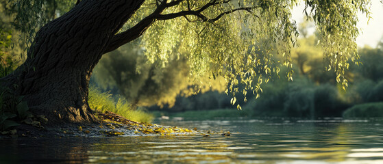 High-fidelity close-up of willow sprout by water's edge - tranquil nature scene