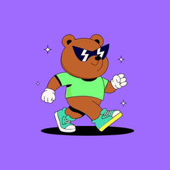 A cartoon brown bear wearing stylish sunglasses and a lime green shirt, walking in teal sneakers.  Small white stars are scattered around the bear