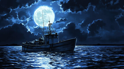Moonlit fishing boat on serene waters nighttime seascape high fidelity art