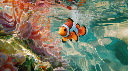 Underwater photography clownfish swimming in vibrant coral reef waters