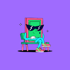 Cartoon character, a rectangular shape, wearing sunglasses, sitting on a bench.  It's vibrant, stylized, and playful, featuring bold colors and simple lines