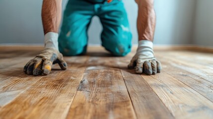 A dedicated worker kneeling on a wooden floor, focused intensely as he installs new flooring, highlighting craftsmanship and the importance of quality home improvement.