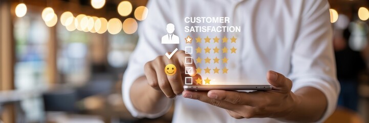 Person using a smartphone to rate customer satisfaction.
