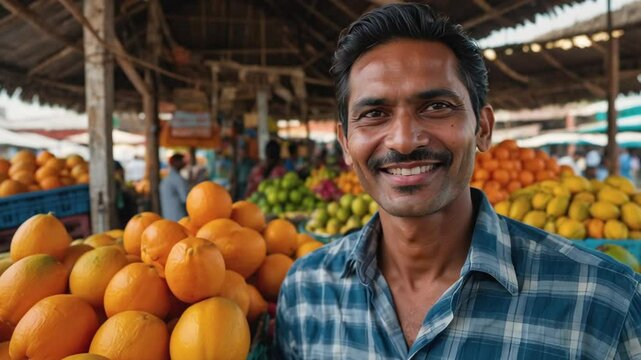 Smiling South Asian vendor standing proudly amidst a vibrant display of fresh oranges and mangoes at an outdoor market stall.
