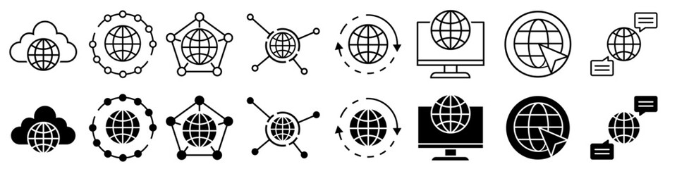 Internet icon vector set. Communication illustration sign collection. Satellite communication symbol. Computer network web icons set. WWW symbols design for web and app.