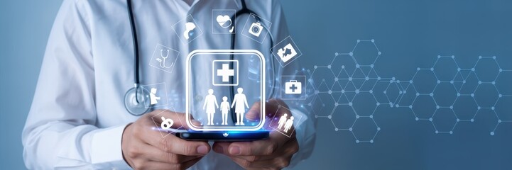 Medical professional holding a device displaying a healthcare interface.