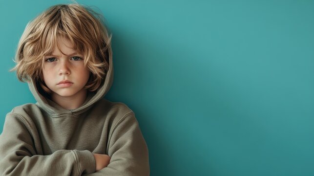 A thoughtful young boy with long hair and arms crossed, wearing a hoodie, expressing emotions of contemplation and introspection against a soothing teal backdrop.