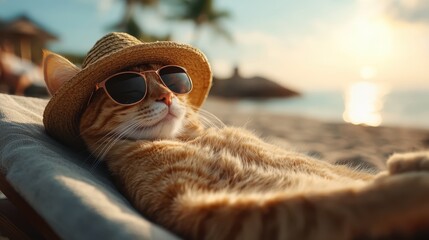 A relaxed cat wearing sunglasses and a straw hat lounges on a beach chair while the sun sets, embodying leisure, tranquility, and a laid-back lifestyle by the ocean.