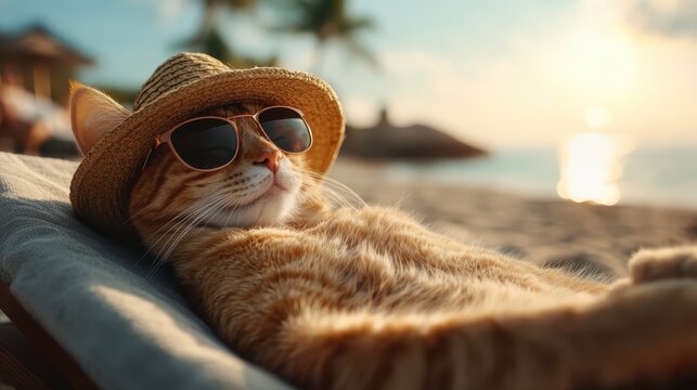 A relaxed cat wearing sunglasses and a straw hat lounges on a beach chair while the sun sets, embodying leisure, tranquility, and a laid-back lifestyle by the ocean. - Powered by Adobe