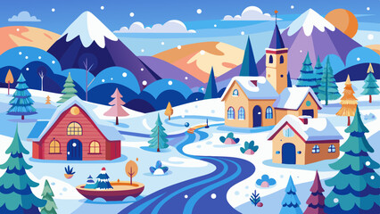 vector winter landscape with houses