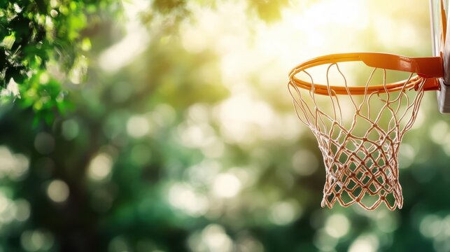 An artistic shot of a basketball hoop framed by greenery, evoking the spirit of outdoor sports, competition, and the significance of physical activity in daily life.