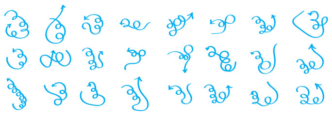 Hand drawn curved arrow set featuring, straight, dotted, and swirled arrows design, arrow vector for creative design, presentations, directional arrow Icons for Infographics, and decorative purposes
