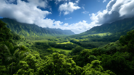 Fototapeta premium A lush green valley covered with tropical blossoms under a blue sky.
