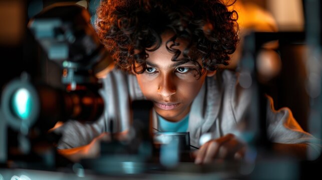 This image captures a focused young boy experimenting with advanced technology, highlighting curiosity and innovation in a modern environment filled with gadgets.