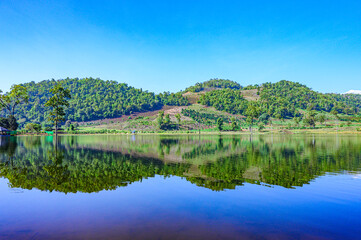 Natural Series : Beautiful lake view of Chiangmai Province. A lake created from the phenomenon of water springing from underground. Mountains and reflections in water.