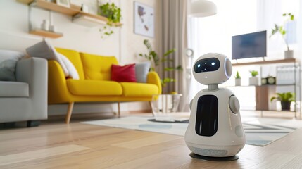 Close-up of a home robot vacuuming a wooden floor in a modern living room, with smart home integration for voice control and automated cleaning schedules, demonstrating AI-powered assistance for daily