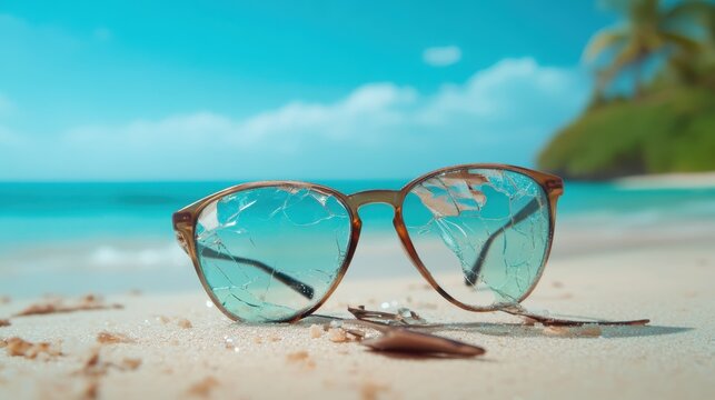 A pair of broken sunglasses lying on the sandy beach, capturing the essence of lost summer memories amidst the tranquil waves and vibrant sunset backdrop.