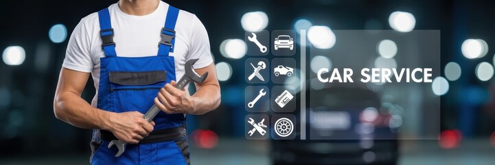 Mechanic holding wrench in front of car service icons.