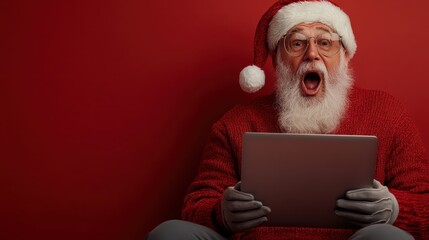 Obraz premium A cheerful Santa Claus in a festive red sweater exclaims in surprise while looking at a laptop, capturing the excitement of modern holiday festivities.