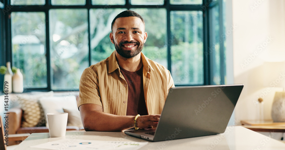 Poster smile, laptop and portrait of man in home with remote work for finance proposal with online client. 