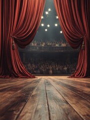 Elegant theater stage with red velvet curtains and polished wooden floor, showcasing an enchanting ambiance of lights and audience in background