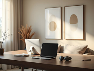 Fototapeta premium Elegant home office setup featuring modern technology and minimalist decor creating a productive workspace atmosphere with natural light