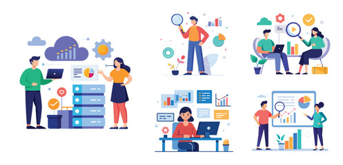 business team analytics and monitoring report concept and flat vector illustration design data analytics research for business finance