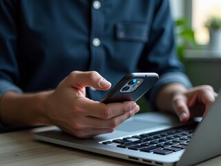 Business professional multitasking at desk using smartphone and laptop, modern work environment, technology and productivity concept