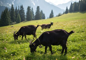 Herd of black goats grazing in the meadow. Rural livestock landscape under lush meadow and open sky