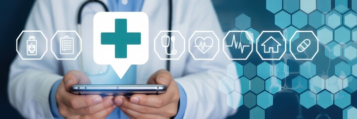 Healthcare professional holding a phone with medical icons displayed.