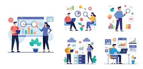 Fototapeta premium business team analytics and monitoring report concept and flat vector illustration design data analytics research for business finance