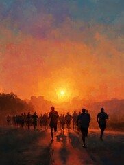 Fototapeta premium Sunset Charity Run with Energetic Participants