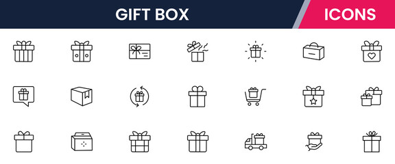 Vector illustration web line icon collection for gift box: presents, ribbons, surprises, and celebrations in a festive, modern, and vibrant design style.