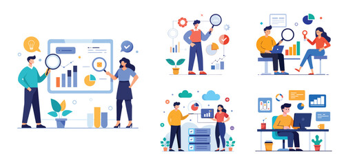 business team analytics and monitoring report concept and flat vector illustration design data analytics research for business finance